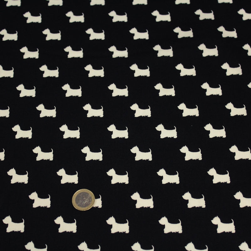 Tissu popeline de coton aux petits chiens blancs, fond noir - tissuspipi.com