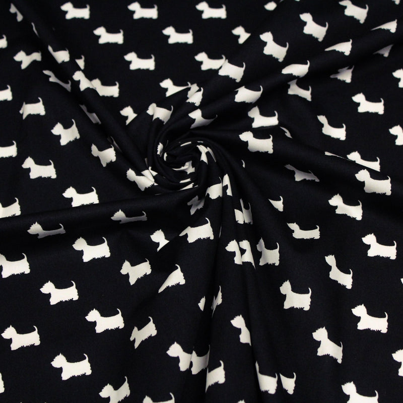 Tissu popeline de coton aux petits chiens blancs, fond noir - tissuspipi.com
