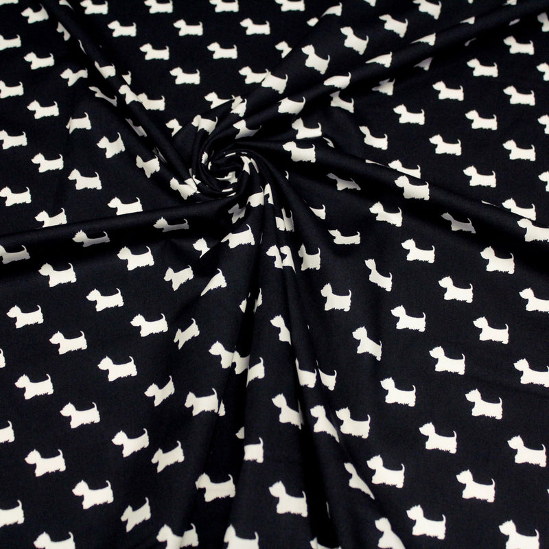 Tissu popeline de coton aux petits chiens blancs, fond noir - tissuspipi.com