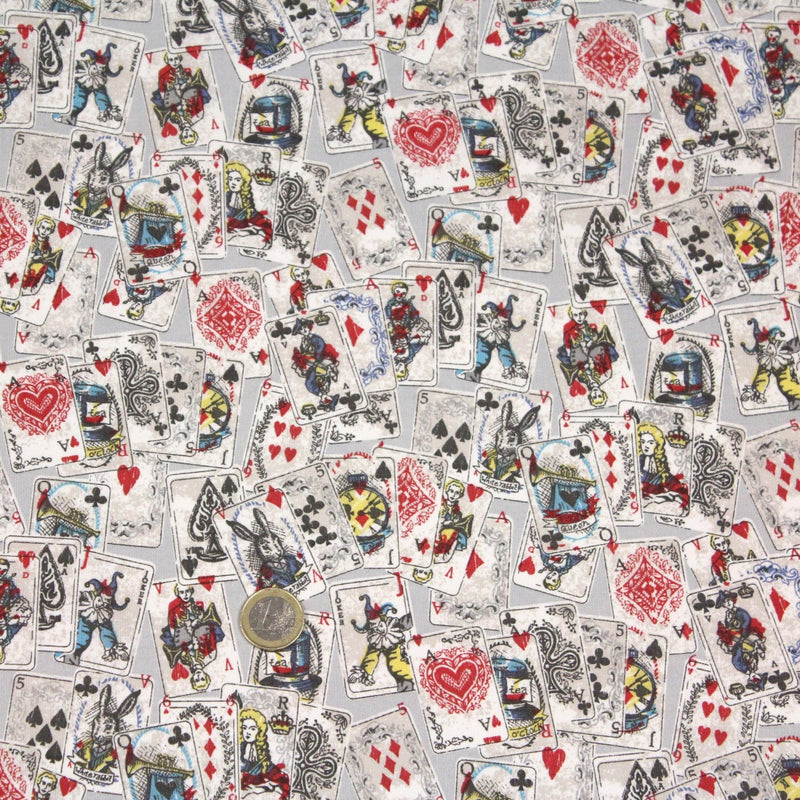 Tissu de coton ALICE au lapin blanc & au jeu de cartes, fond gris clair - Oeko - Tex - tissuspipi.com