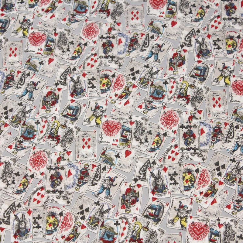 Tissu de coton ALICE au lapin blanc & au jeu de cartes, fond gris clair - Oeko - Tex - tissuspipi.com