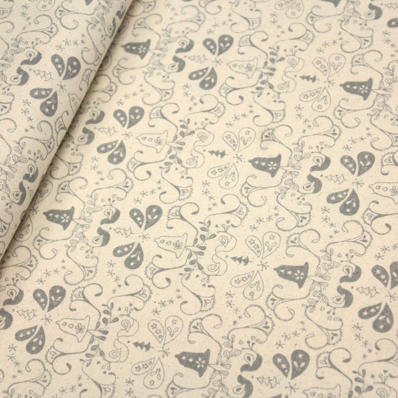 Tissu de coton de Noël scandinave aux cloches & arabesques grises, fond écru - tissuspipi.com