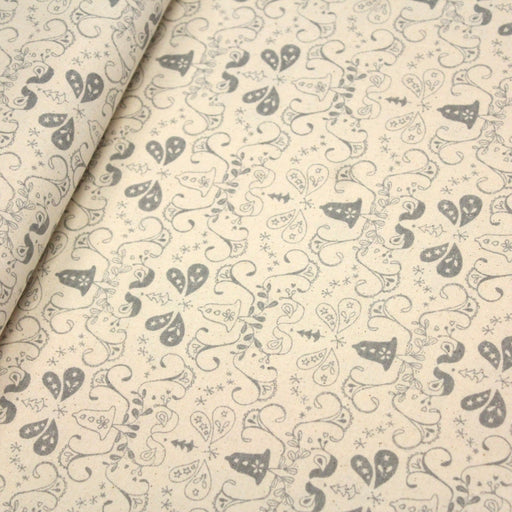 Tissu de coton de Noël scandinave aux cloches & arabesques grises, fond écru - tissuspipi.com