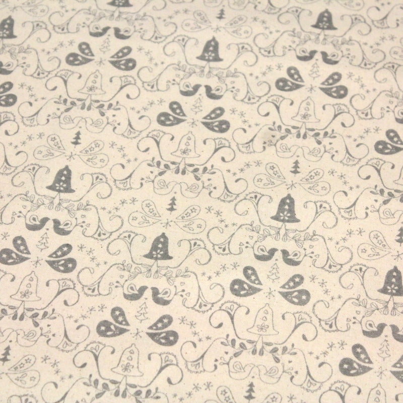 Tissu de coton de Noël scandinave aux cloches & arabesques grises, fond écru - tissuspipi.com