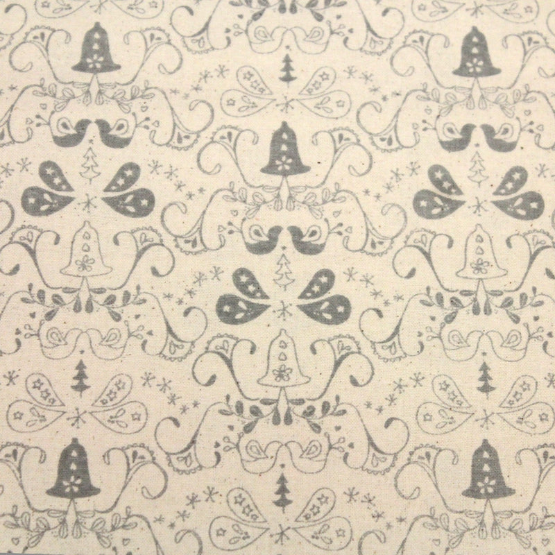 Tissu de coton de Noël scandinave aux cloches & arabesques grises, fond écru - tissuspipi.com