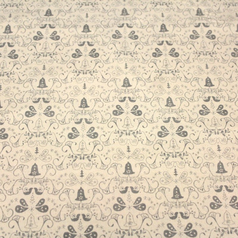 Tissu de coton de Noël scandinave aux cloches & arabesques grises, fond écru - tissuspipi.com