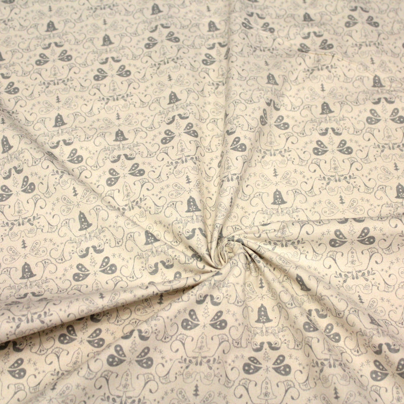 Tissu de coton de Noël scandinave aux cloches & arabesques grises, fond écru - tissuspipi.com