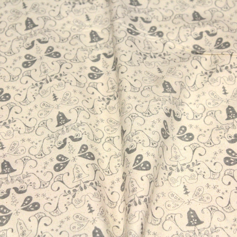 Tissu de coton de Noël scandinave aux cloches & arabesques grises, fond écru - tissuspipi.com