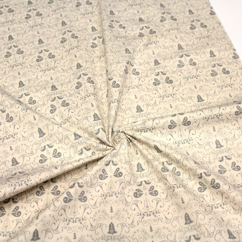 Tissu de coton de Noël scandinave aux cloches & arabesques grises, fond écru - tissuspipi.com