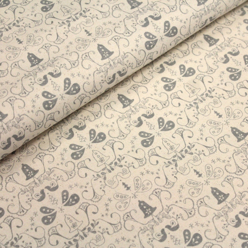 Tissu de coton de Noël scandinave aux cloches & arabesques grises, fond écru - tissuspipi.com