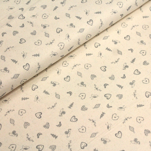 Tissu de coton de Noël scandinave aux petits objets de Noël gris, fond écru - tissuspipi.com