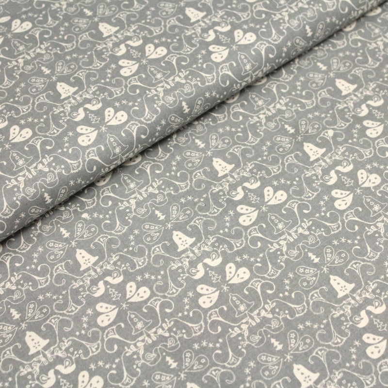 Tissu de coton de Noël scandinave aux cloches & arabesques écrues, fond gris - tissuspipi.com