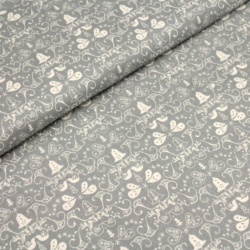 Tissu de coton de Noël scandinave aux cloches & arabesques écrues, fond gris - tissuspipi.com