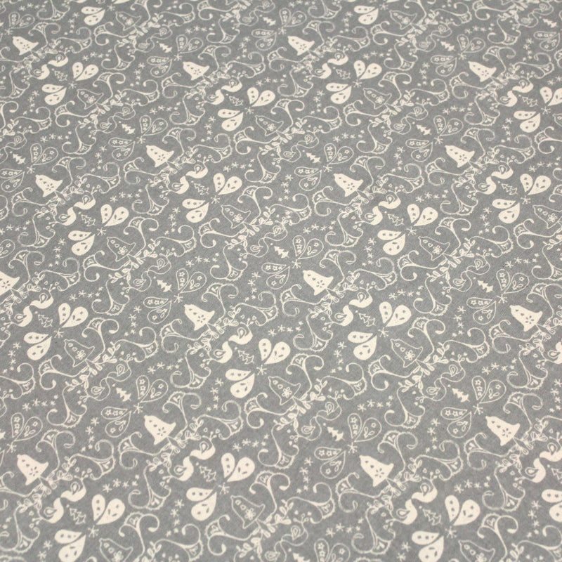 Tissu de coton de Noël scandinave aux cloches & arabesques écrues, fond gris - tissuspipi.com