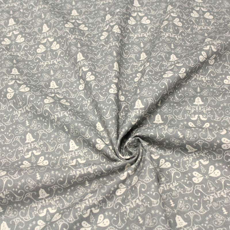 Tissu de coton de Noël scandinave aux cloches & arabesques écrues, fond gris - tissuspipi.com