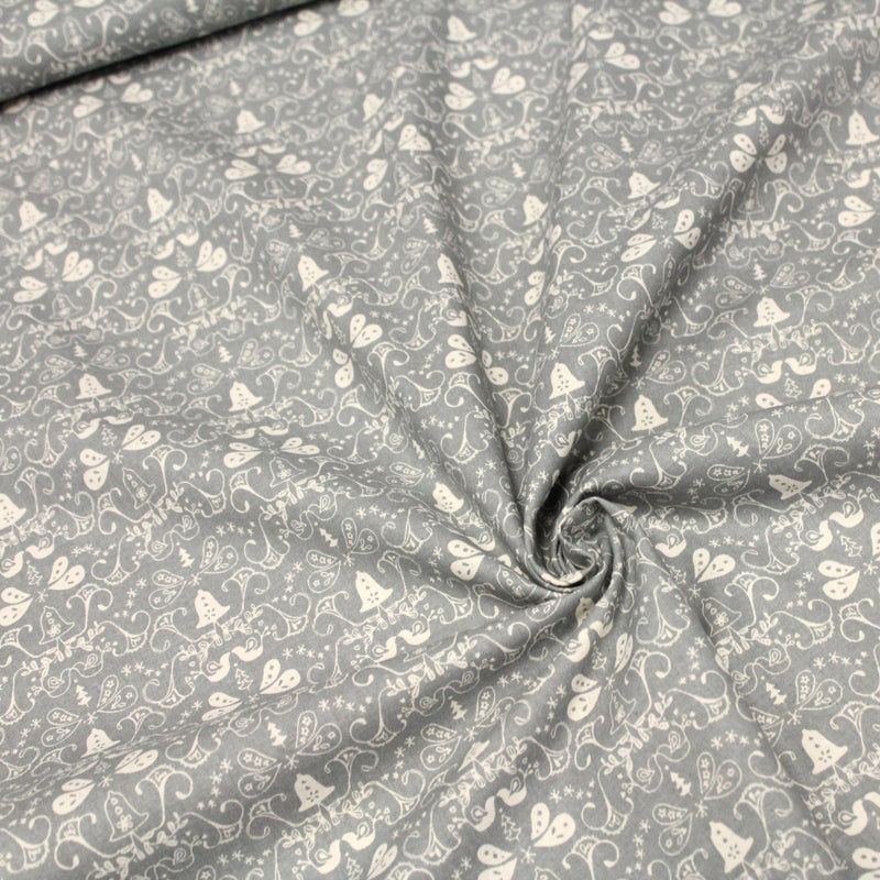 Tissu de coton de Noël scandinave aux cloches & arabesques écrues, fond gris - tissuspipi.com