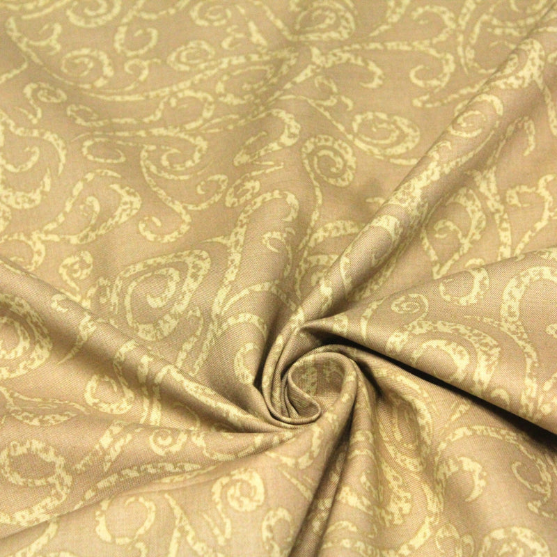Tissu popeline de coton LOUIS aux arabesques, tons cappuccino - tissuspipi.com
