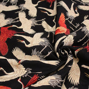 Tissu jacquard motif traditionnel japonais des grues tsuru écrues & rouges, fond noir - Oeko - Tex - tissuspipi.com