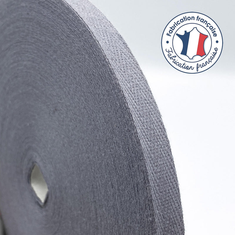 Ruban sergé de coton gris 10mm - Galette de 50 mètres - Fabrication française - tissuspipi.com