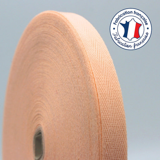 Ruban sergé de coton couleur corail 14mm - Galette de 50 mètres - Fabrication française - tissuspipi.com