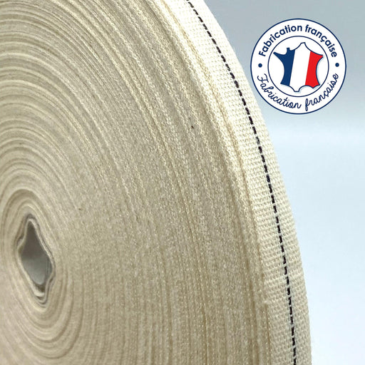 Ruban de coton écru au fin liseré bleu marine 10mm - Galette de 100 mètres - Fabrication française - tissuspipi.com