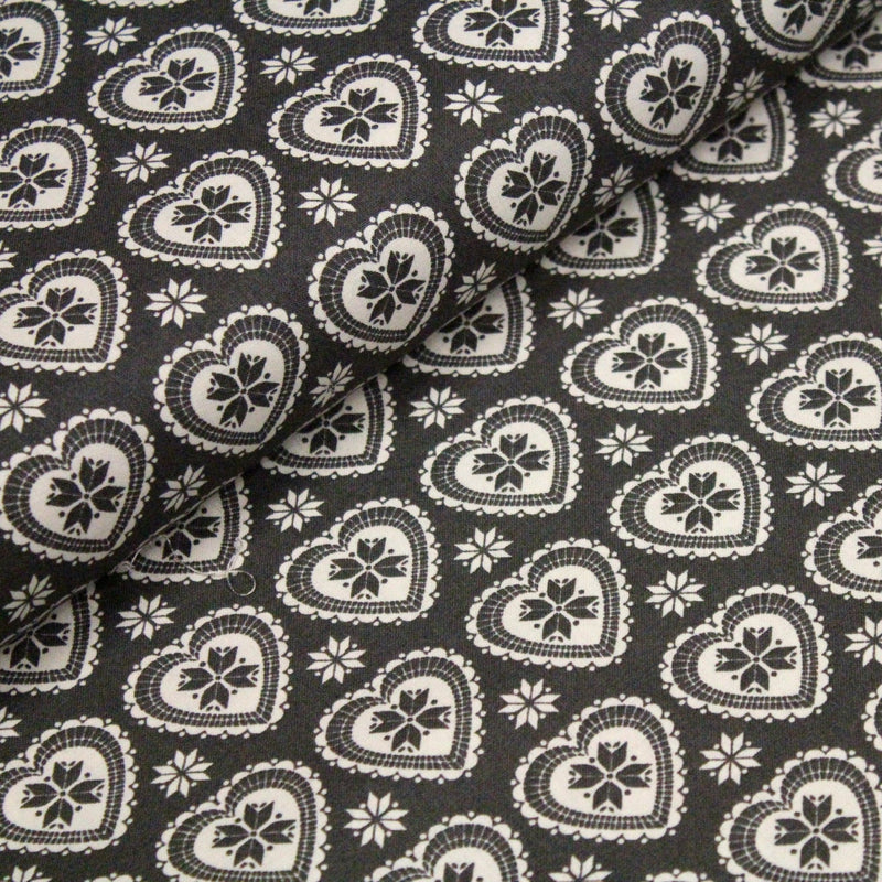 Tissu de coton de Noël scandinave aux cœurs & étoiles de neiges écrus, fond gris - tissuspipi.com