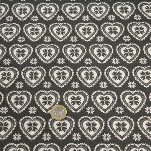 Tissu de coton de Noël scandinave aux cœurs & étoiles de neiges écrus, fond gris - tissuspipi.com