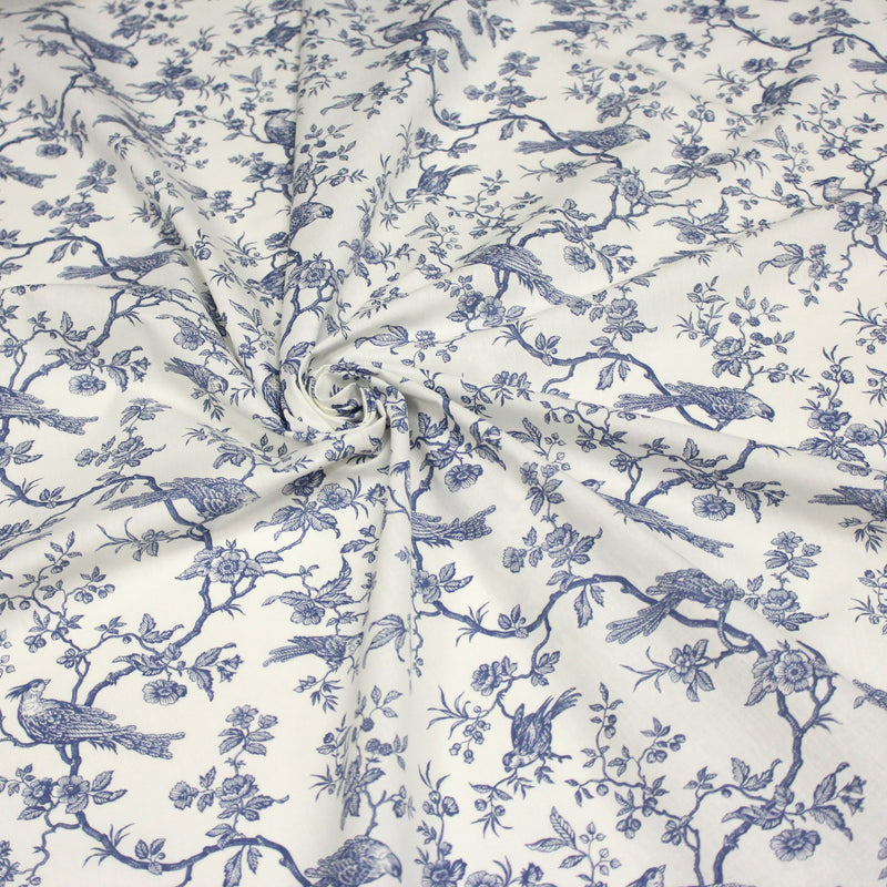 Tissu de coton toile de Jouy aux oiseaux mésanges, toile à drap grande largeur 280cm, fond écru & motif bleu - Oeko-Tex