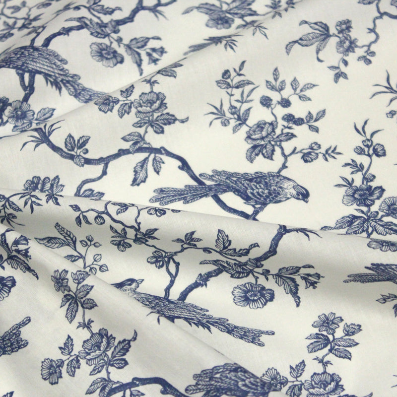 Tissu de coton toile de Jouy aux oiseaux mésanges, toile à drap grande largeur 280cm, fond écru & motif bleu - Oeko-Tex