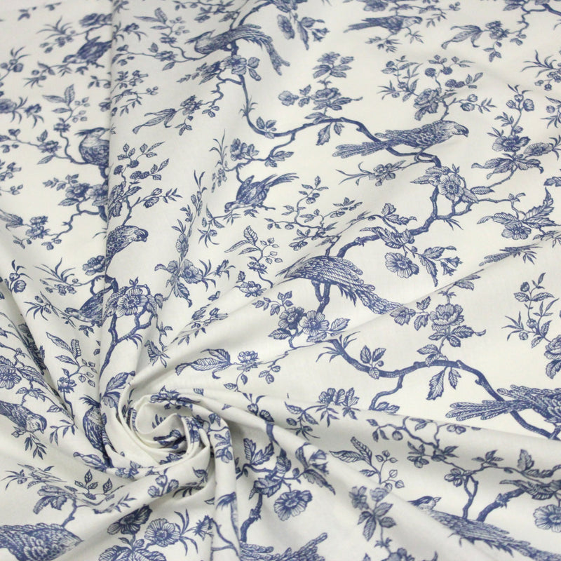 Tissu de coton toile de Jouy aux oiseaux mésanges, toile à drap grande largeur 280cm, fond écru & motif bleu - Oeko-Tex - tissuspapi