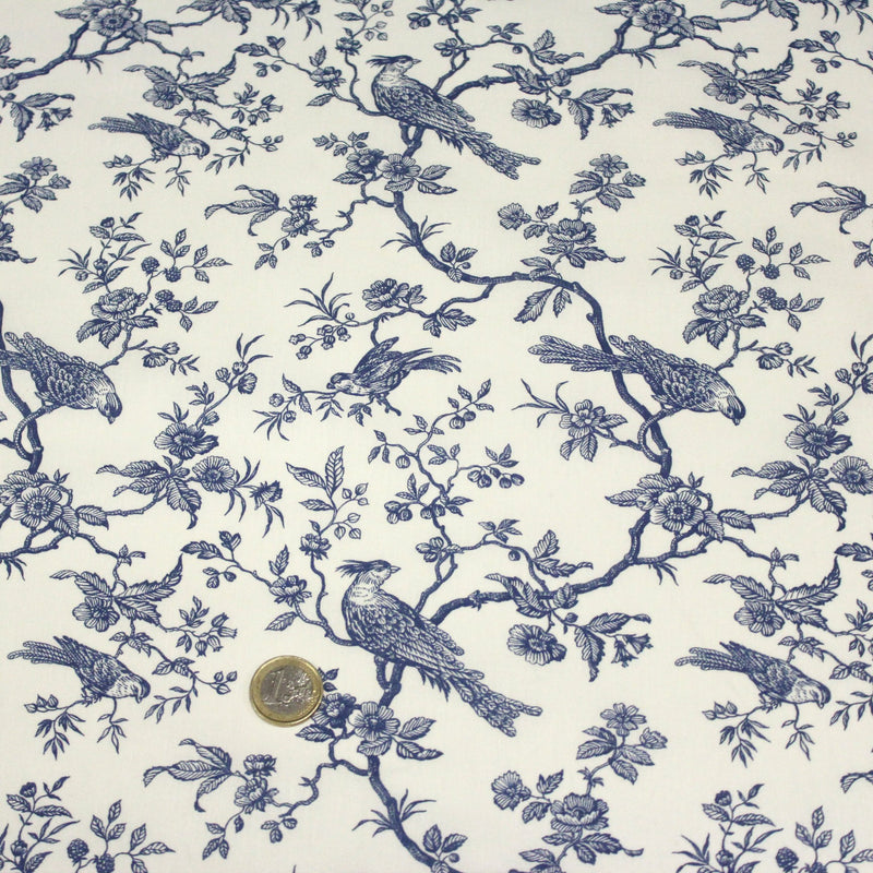 Tissu coton renforcé TOILE DE JOUY AUX MESANGES grande largeur 280cm : bleu, rouge, vert, gris - OEKO - TEX - tissuspipi.com