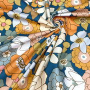 Tissu gabardine de coton SUZANNE imprimé fleurs rétro : bleu, rouille, olive - OEKO - TEX STANDARD 100 - tissuspipi.com