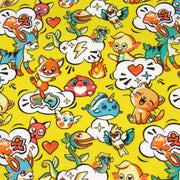 Tissu cotonnade KAWAII aux animaux souriants, fond jaune - OEKO - TEX - tissuspipi.com
