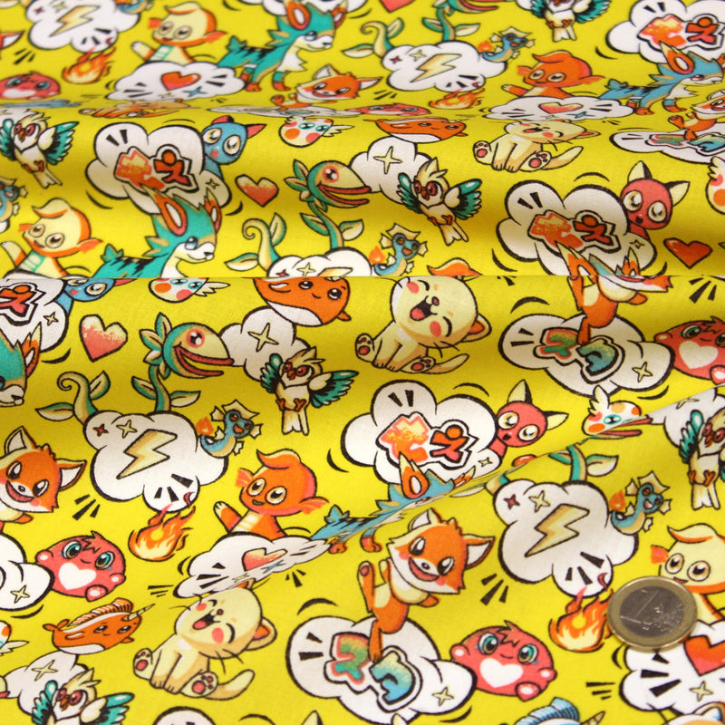 Tissu cotonnade KAWAII aux animaux souriants, fond jaune - OEKO - TEX - tissuspipi.com