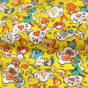 Tissu cotonnade KAWAII aux animaux souriants, fond jaune - OEKO - TEX - tissuspipi.com