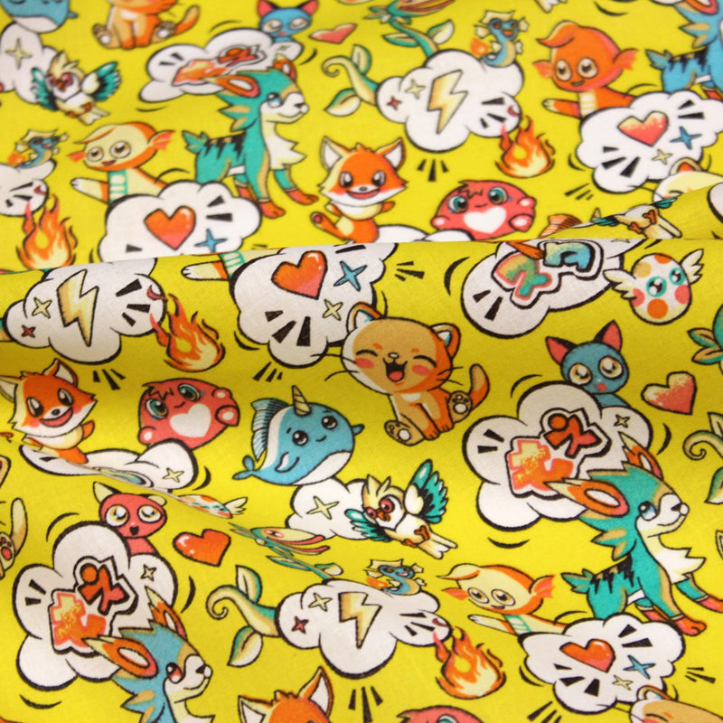 Tissu cotonnade KAWAII aux animaux souriants, fond jaune - OEKO - TEX - tissuspipi.com
