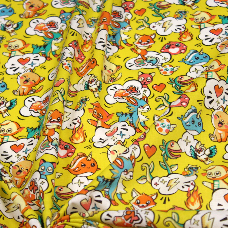 Tissu cotonnade KAWAII aux animaux souriants, fond jaune - OEKO - TEX - tissuspipi.com