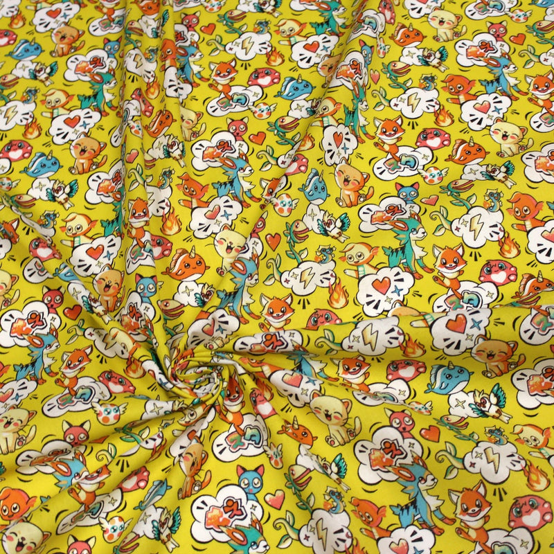 Tissu cotonnade KAWAII aux animaux souriants, fond jaune - OEKO - TEX - tissuspipi.com