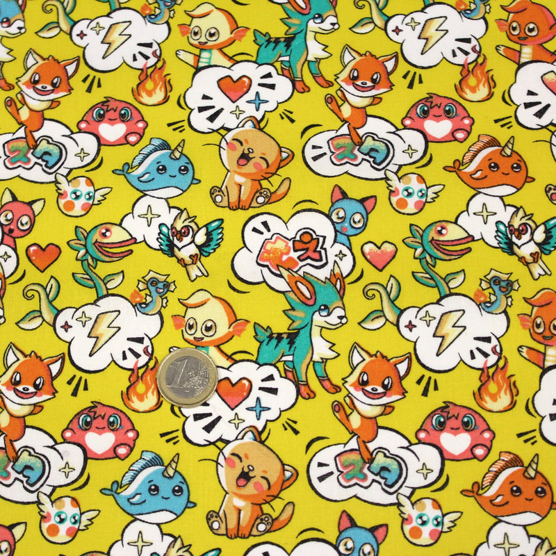 Tissu cotonnade KAWAII aux animaux souriants, fond jaune - OEKO - TEX - tissuspipi.com
