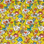 Tissu cotonnade KAWAII aux animaux souriants, fond jaune - OEKO - TEX - tissuspipi.com