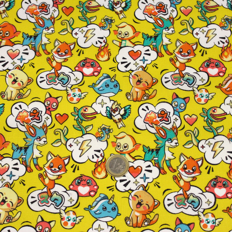 Tissu cotonnade KAWAII aux animaux souriants, fond jaune - OEKO - TEX - tissuspipi.com