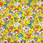 Tissu cotonnade KAWAII aux animaux souriants, fond jaune - OEKO - TEX - tissuspipi.com