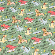 Tissu de coton Dinosaure music lover, fond vert sauge - Oeko - Tex - tissuspipi.com