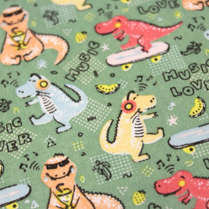 Tissu de coton Dinosaure music lover, fond vert sauge - Oeko - Tex - tissuspipi.com
