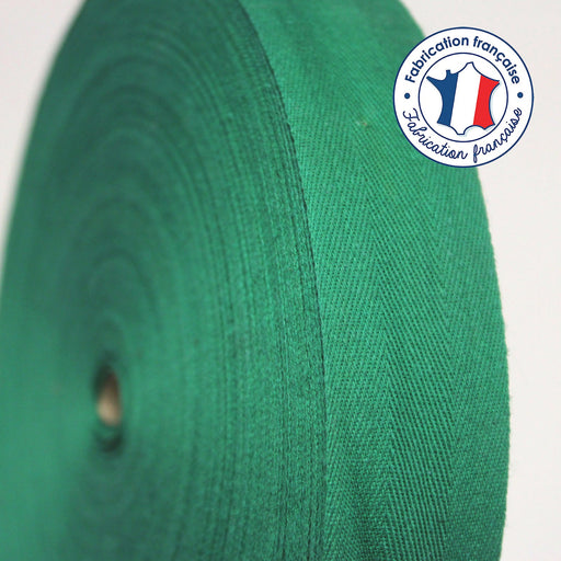 Ruban sergé de coton vert forêt 21mm - Galette de 50 mètres - Fabrication française - tissuspipi.com