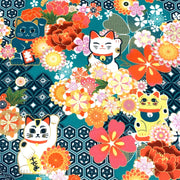 Tissu cotonnade motif traditionnel japonais au chat porte bonheur maneki - neko & fleurs - Le tissu parfait pour les furoshiki ! - tissuspipi.com