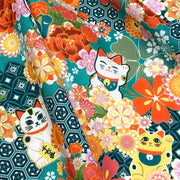 Tissu cotonnade motif traditionnel japonais au chat porte bonheur maneki - neko & fleurs - Le tissu parfait pour les furoshiki ! - tissuspipi.com