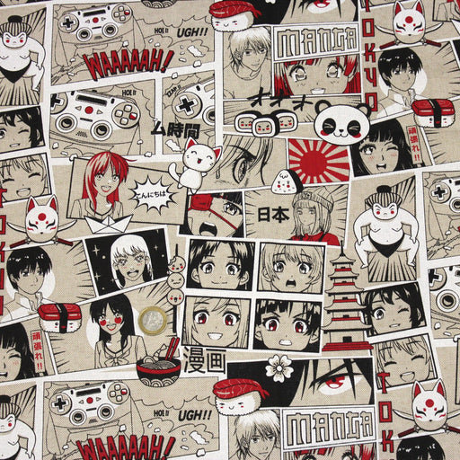 Tissu de coton façon lin motif MANGA japonais, tons rouges et blancs - OEKO-TEX® - tissuspipi.com