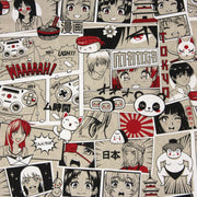 Tissu de coton façon lin motif MANGA japonais, tons rouges et blancs - OEKO-TEX® - tissuspipi.com