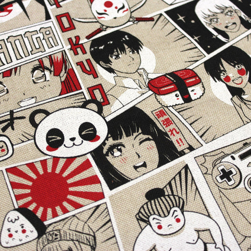Tissu de coton façon lin motif MANGA japonais, tons rouges et blancs - OEKO-TEX® - tissuspipi.com
